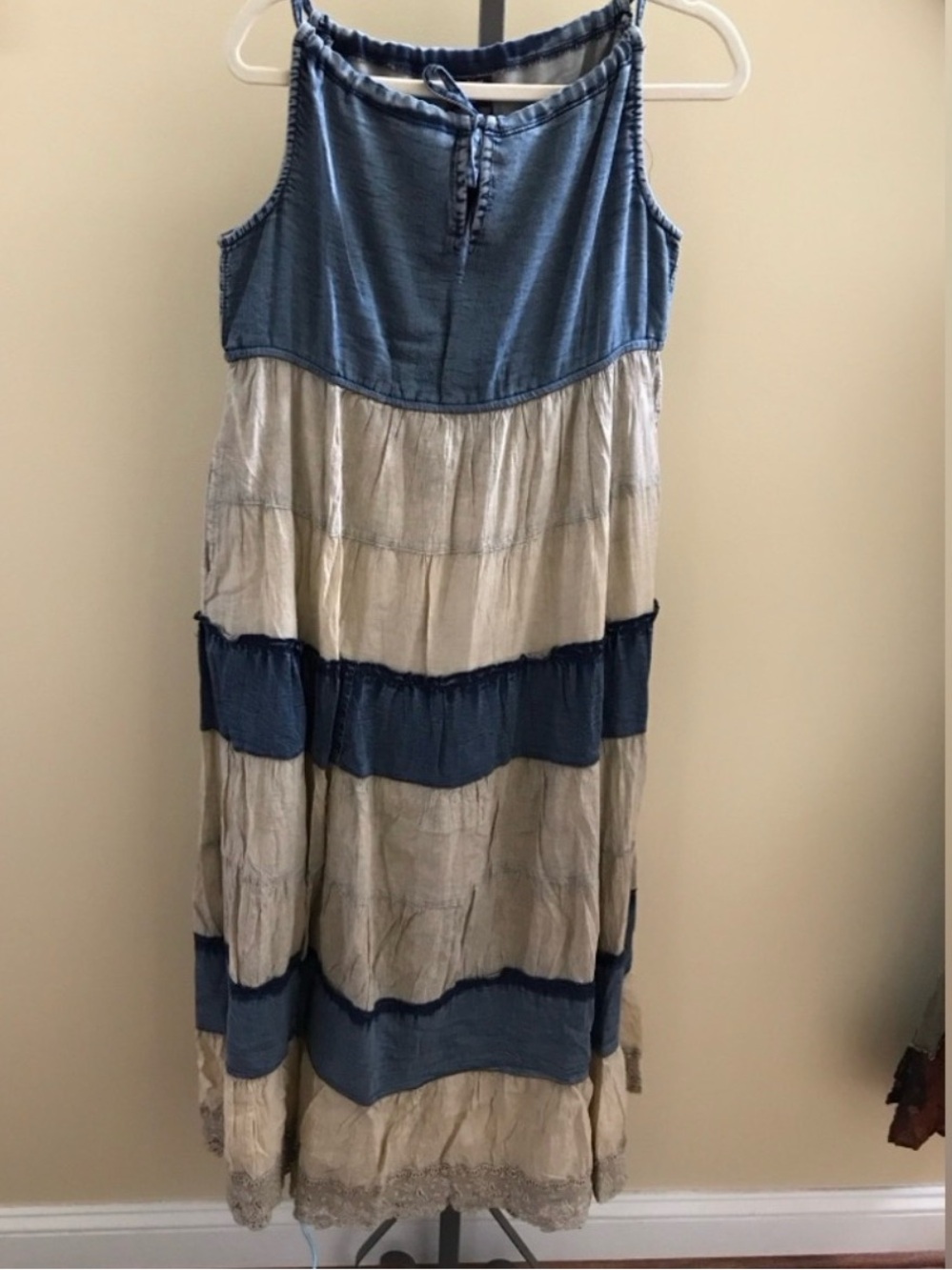 Tiered Blue and Cream Maxi Sundress with Tie Neck